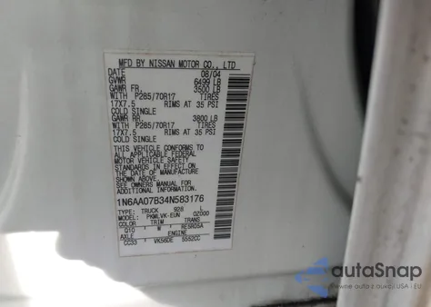 2004 Nissan Titan Le from USA, damaged, VIN 1N6AA07B34N583176